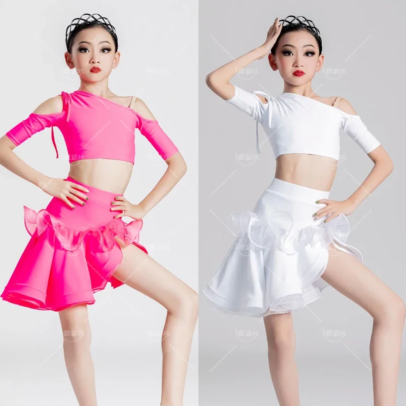 

Pink and White Latin Dance Uniform, Girl's Short Skirt, Children's Dance Hall Competition Clothing, New Practice Clothes