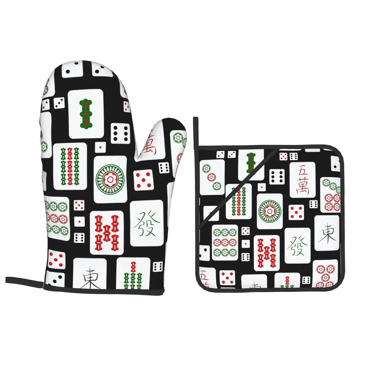 Mahjong Tiles Game Dice Oven Mitts and Pot Holder Sets of 4 for Baking Kitchen Cooking BBQ Resistant Non-Slip Gloves