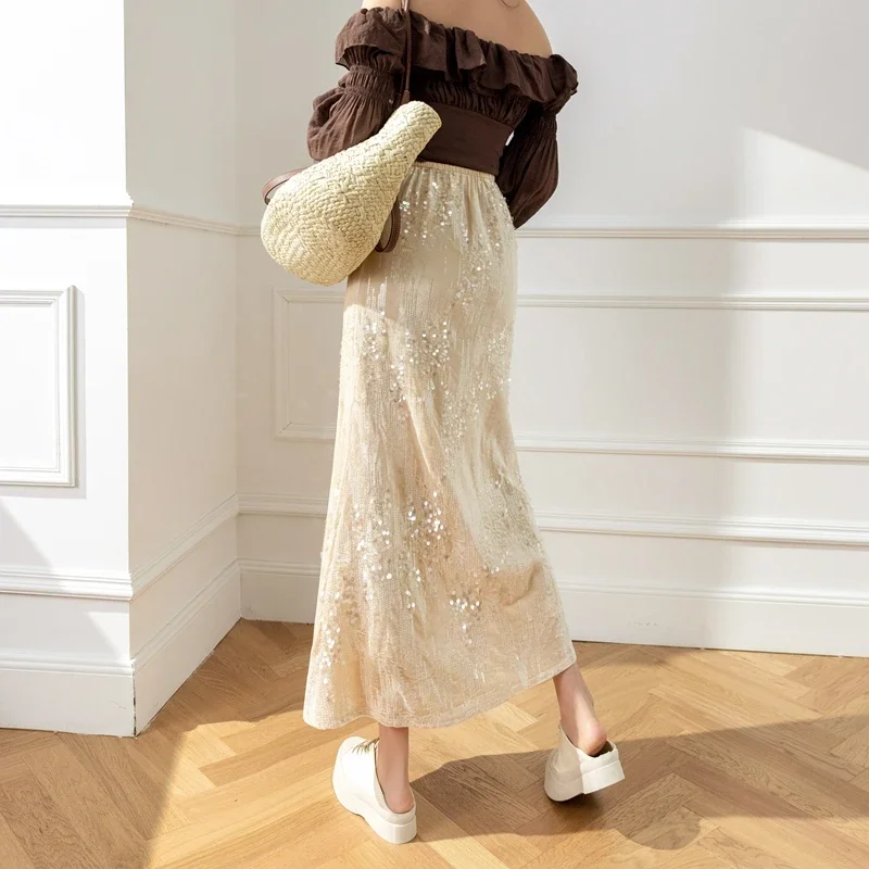 Elegant A Line Long Skirts for Women Korean Fashion Clothing Casual Sequined Faldas High Waist Autumn Winter Black Y2k Skirts