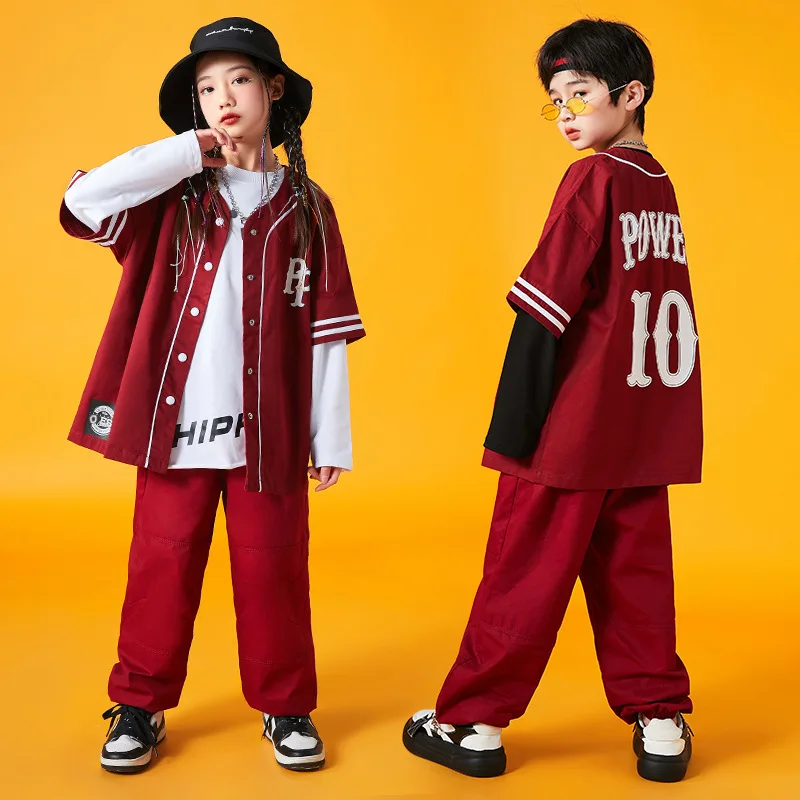 Red Series Hip Hop Dance Costume For Kids Jazz Performance Clothes Girls Kpop Outfit Boys Street Dance Drum Stage Wear BL10109