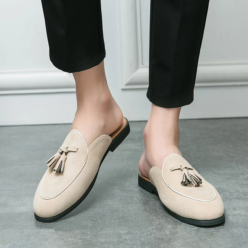 Masculino verde preto bege metade chinelos mocassins casuais camurça couro borlas sem acompanhamento conforto respirável sapatos para casa