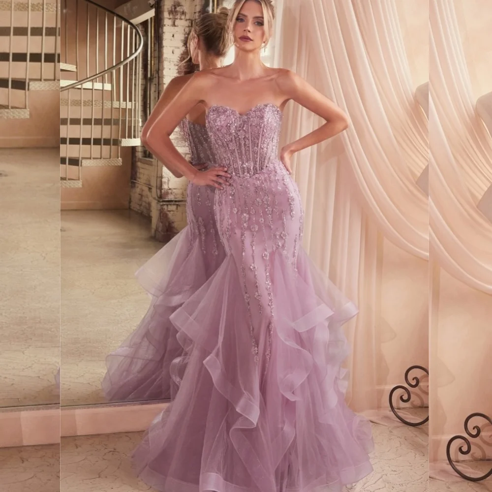 

Customized Modern Style Organza Sequined Pleat Trumpet Strapless Long Dresses Bespoke Occasion Elegant