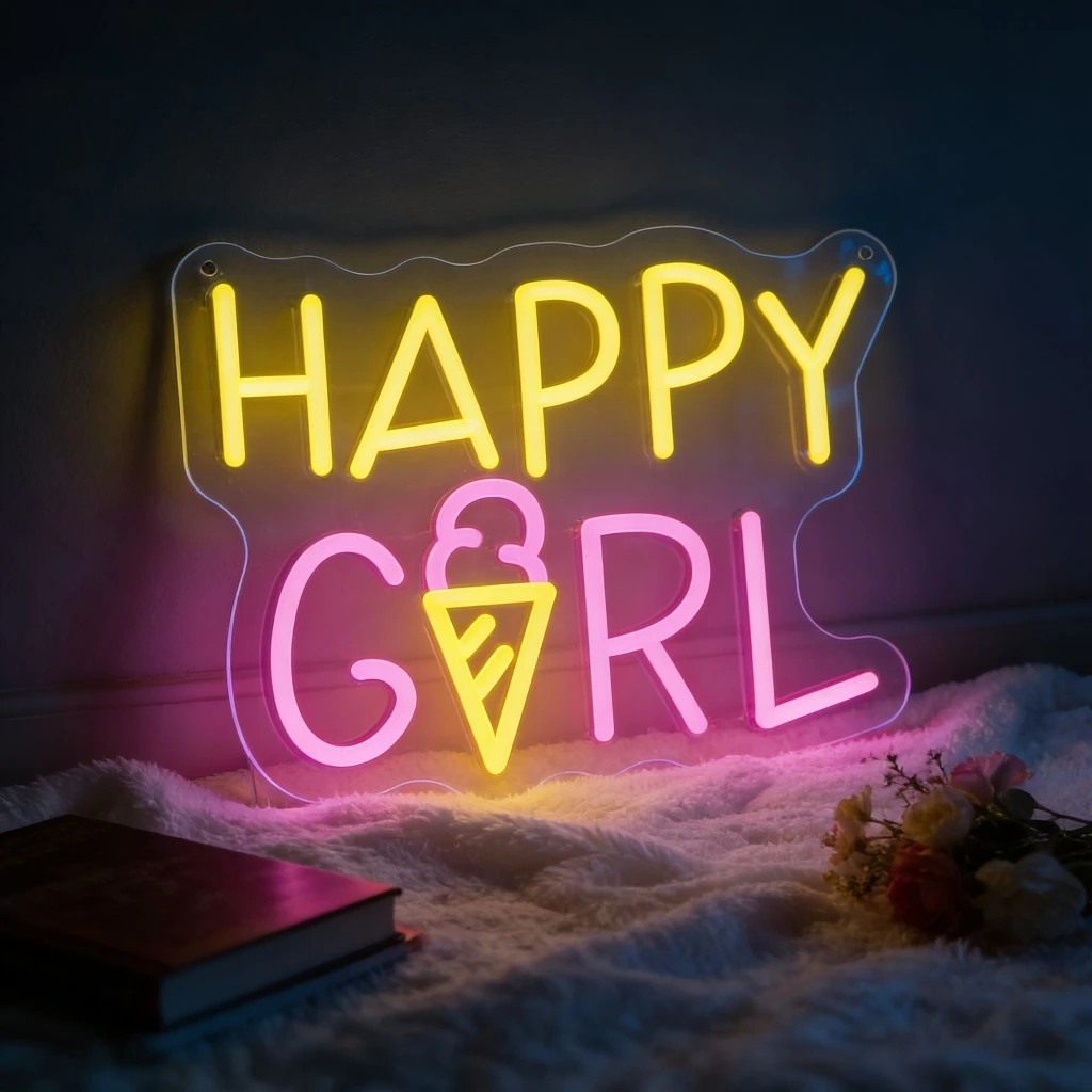 

Неоновая вывеска HAPPY GIRL с изображением мороженого для спальни, комнаты девочки, декора для вечеринки, создания позитивной атмосферы, милый светодиодный настенный светильник
