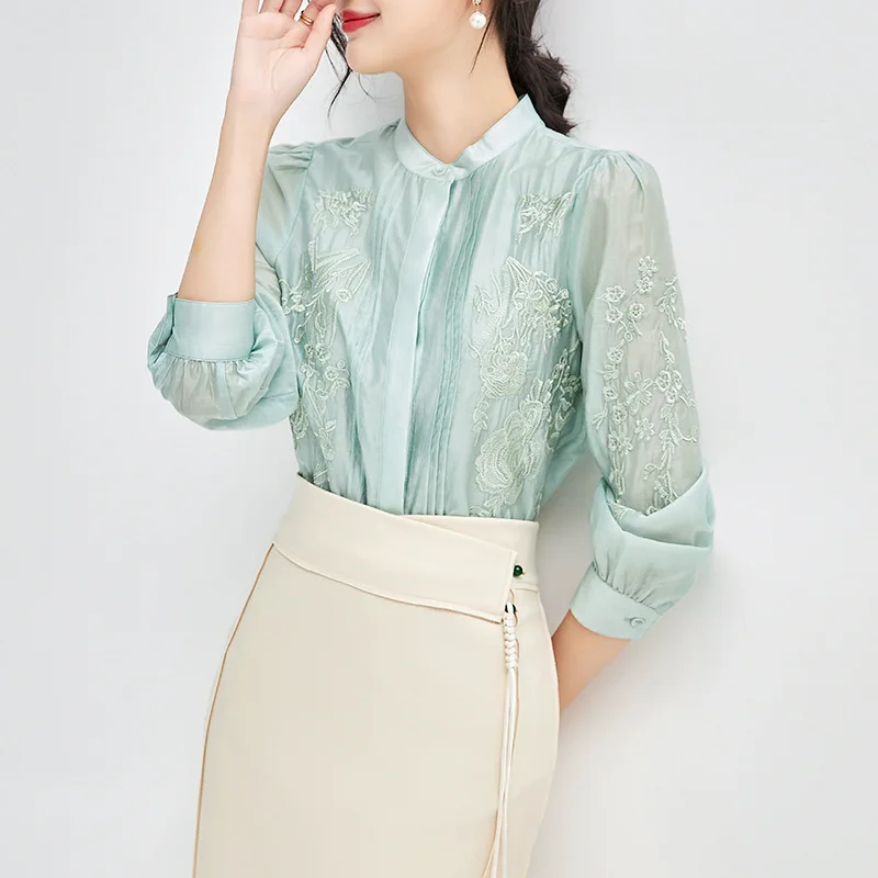 

Fashionable Long Sleeve Women's Shirt with Buttons, Soft and Comfortable Embroidered Silk-Cotton Blend, Unique and Versatile