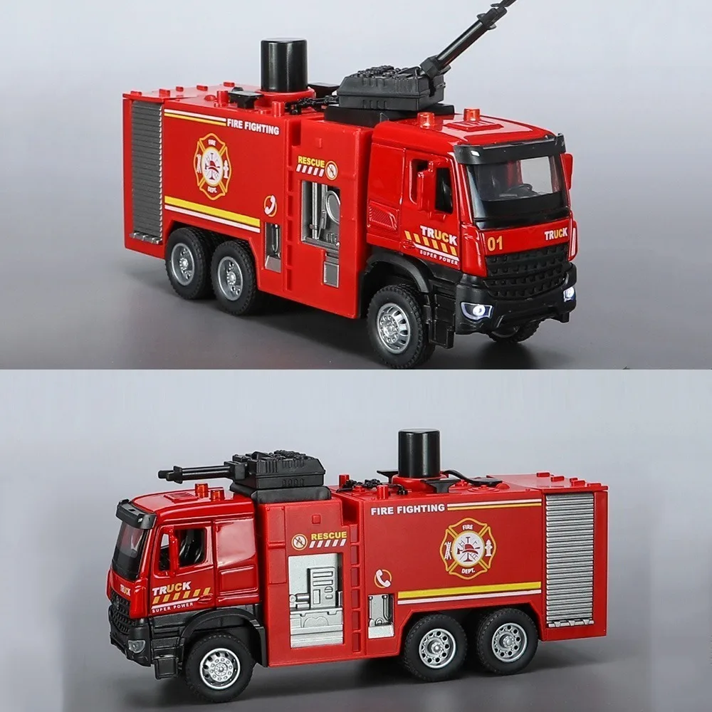 Modelo de coche de juguete con escalera en la nube, tanque de agua, camión de bomberos, vehículo de ingeniería fundido a presión, juguete de luz con sonido y PULVERIZADOR DE AGUA, regalo para niños, 1/32