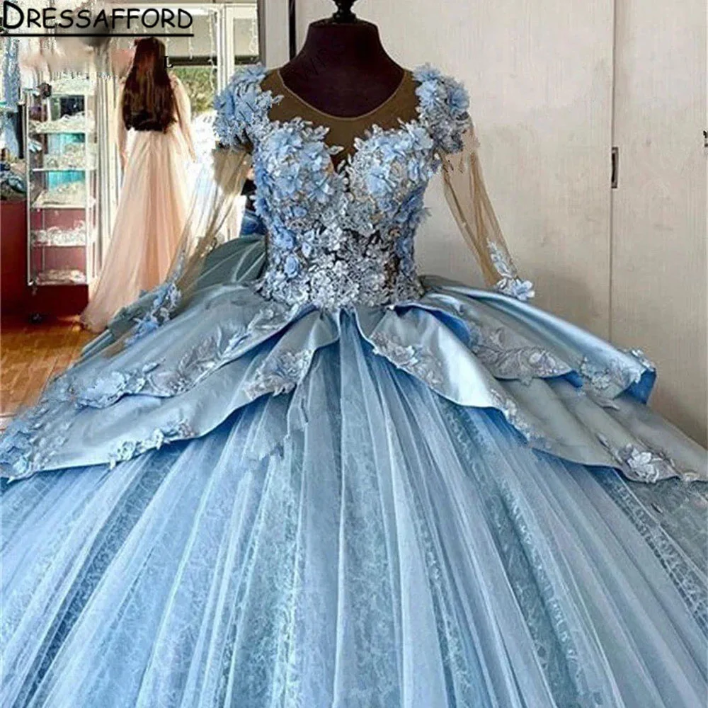 Sky Blue Quinceanera Dress 2024 Long Sleeves Princess Prom Ball Gown Sweet 16 XV Years Old Miss Birthday Pageant Mexican Dress