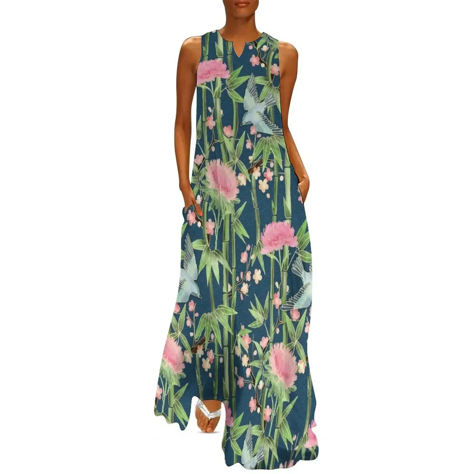 

Bamboo, Birds and Blossom - dark teal Long Dress Woman clothing Women long dress long sleeve dresses Dress