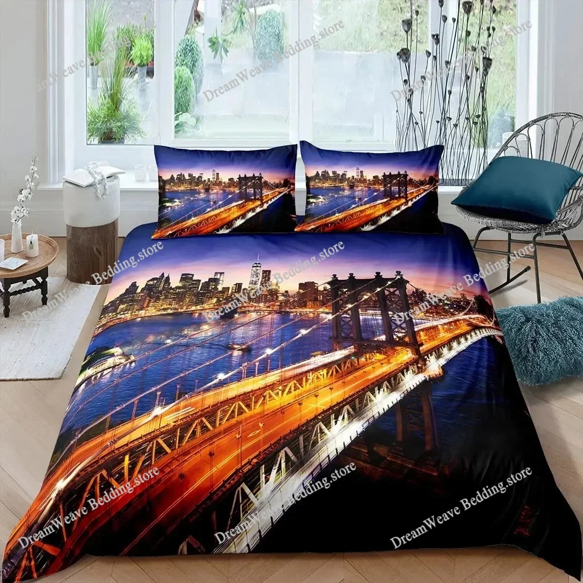 

Cityscape Duvet Cover Set New York City Night View Quilt Cover for Boys Adults Microfiber Building Bedding Set King Size
