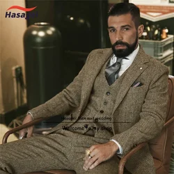 Retro Men's Suit Herringbone Pattern 3-piece Formal Jacket Pants Vest Business Men Slim Fit Outfit Customized Groom's Tuxedo