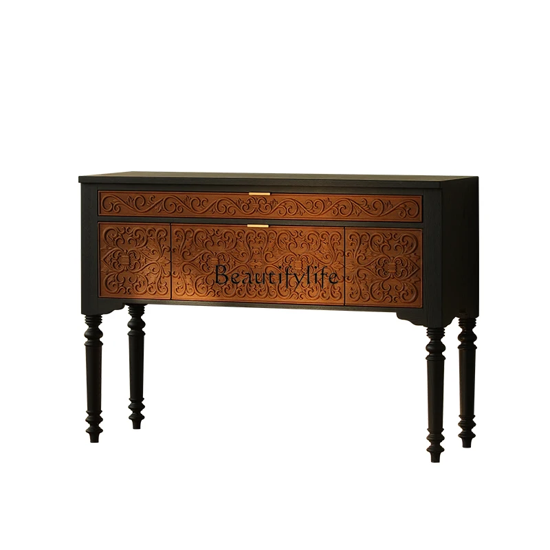 

French Living Room Entrance Cabinet Solid Wood Collection Display Cabinet Contrast Color Desk Table Retro Style