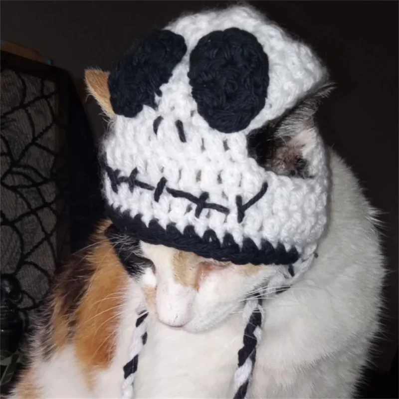 Halloween cosplay costume pet cat hat Cross-border sales White ghost style pet cat hat Handmade crocheted Cute Funny cat hat