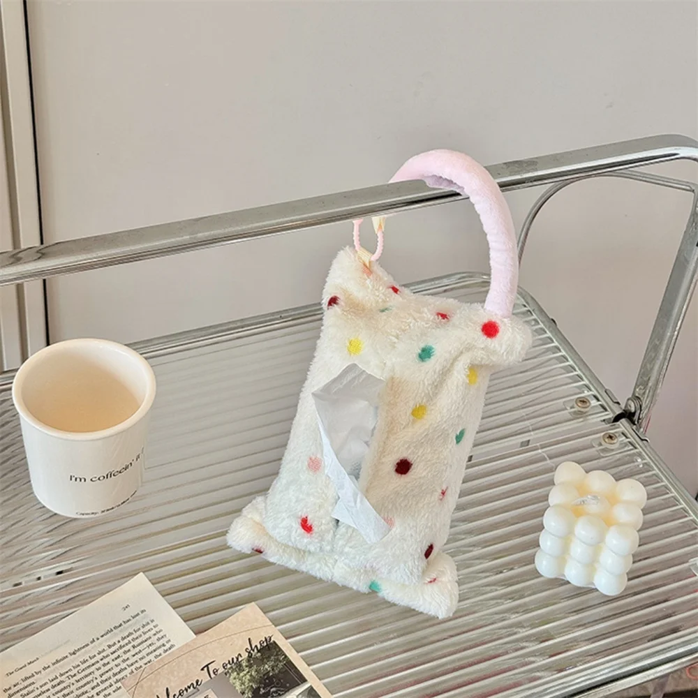 Ins Colourful Dots Tissue Box Soft Plush Hanging Tissue Bag Office Living Room Tissue Boxes Holder Bathroom Tissue Drawing Case