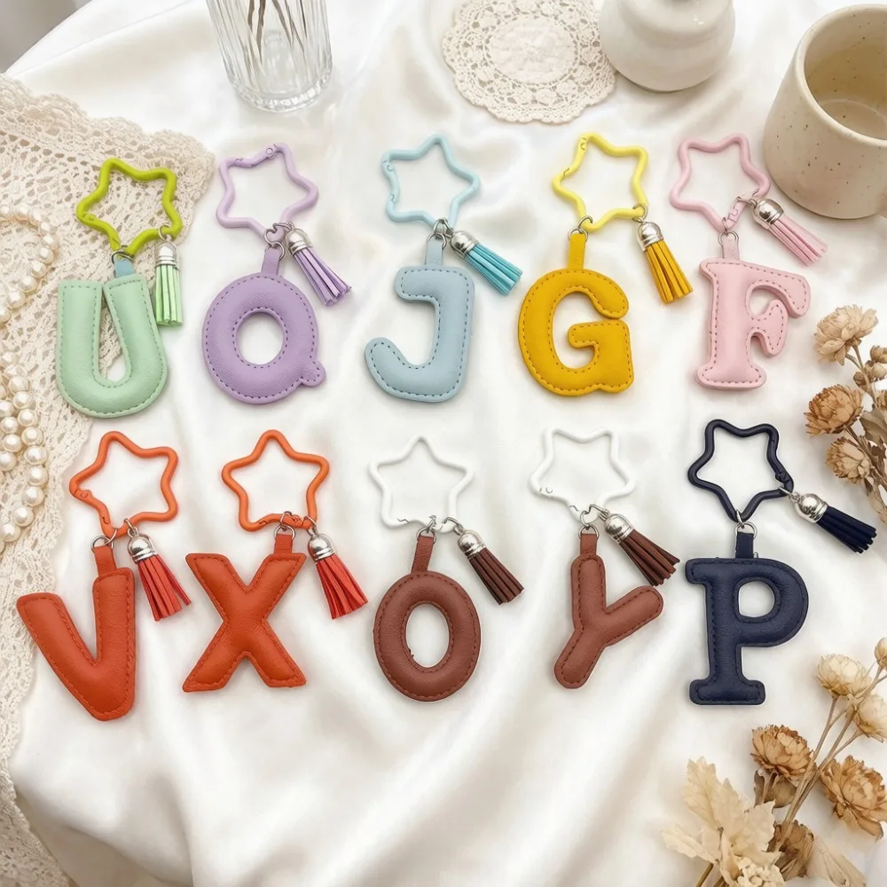 Kawaii Stern-Schlüsselanhänger mit Quaste, Leder A-Z Initialen Alphabet Taschenanhänger, Damen Handtaschenanhänger, Personalisierter Namensschlüsselring, Kleines Geschenk – Detail 2