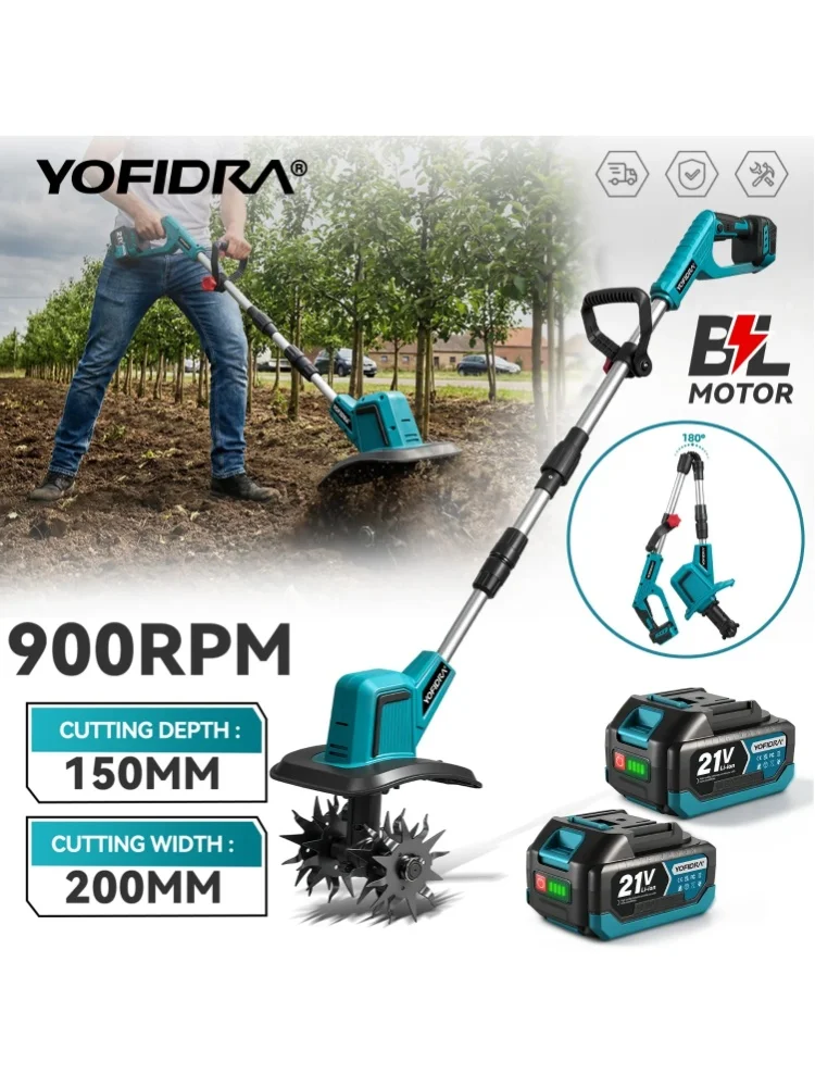 YOFIDRA Bürstenloser Elektro-Bodenfräse-Rasenmäher, kabelloses Gartenwerkzeug zum Umwenden des Bodens, tragbarer, ausziehbarer Kultivator, Rasen- und Gras-Trimmer, Unkrautentfernungsmaschine, zum
