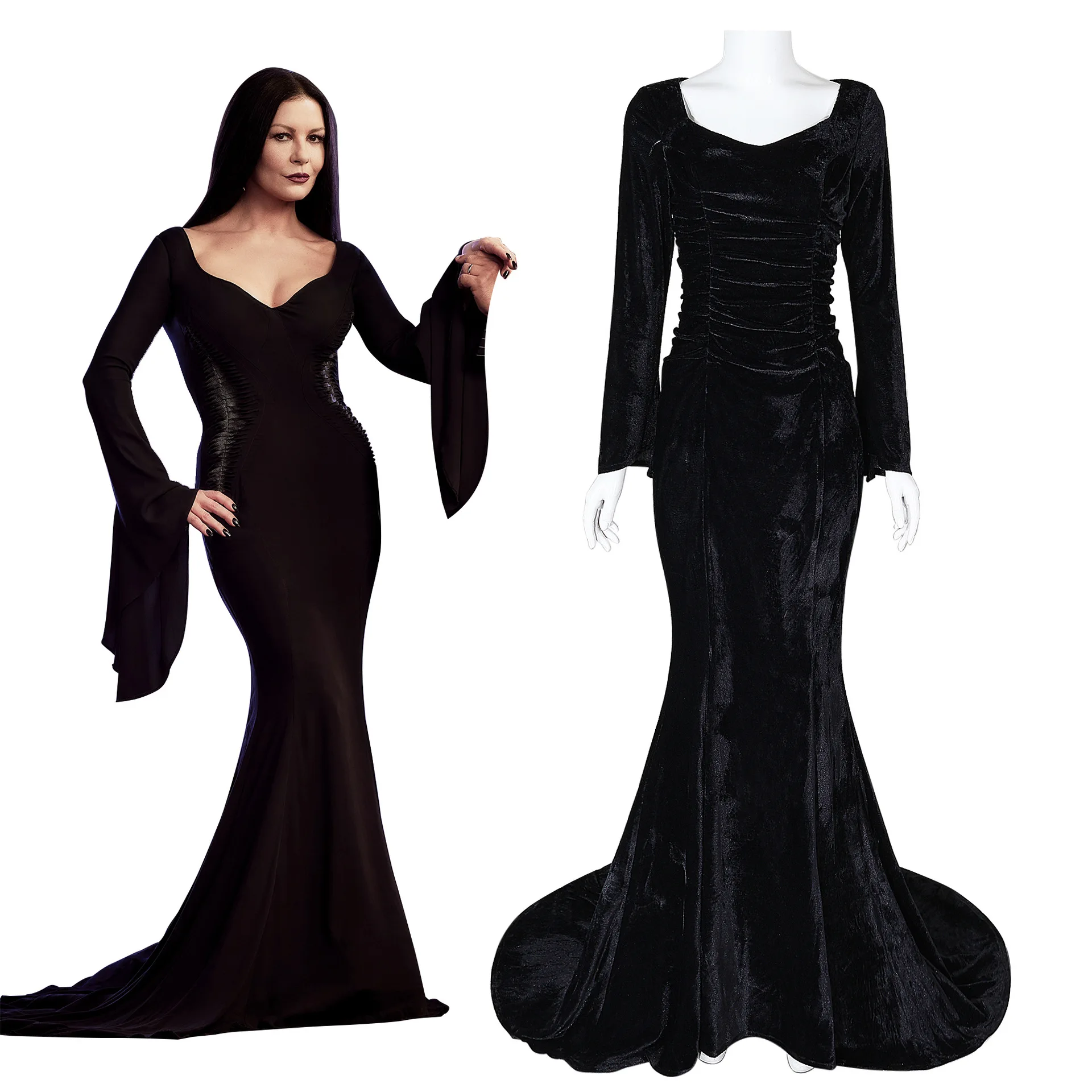 Disfraz de Cosplay de Morticia para mujer, peluca negra Sexy ajustada, vestido de noche de fiesta para Halloween y Carnaval Cos