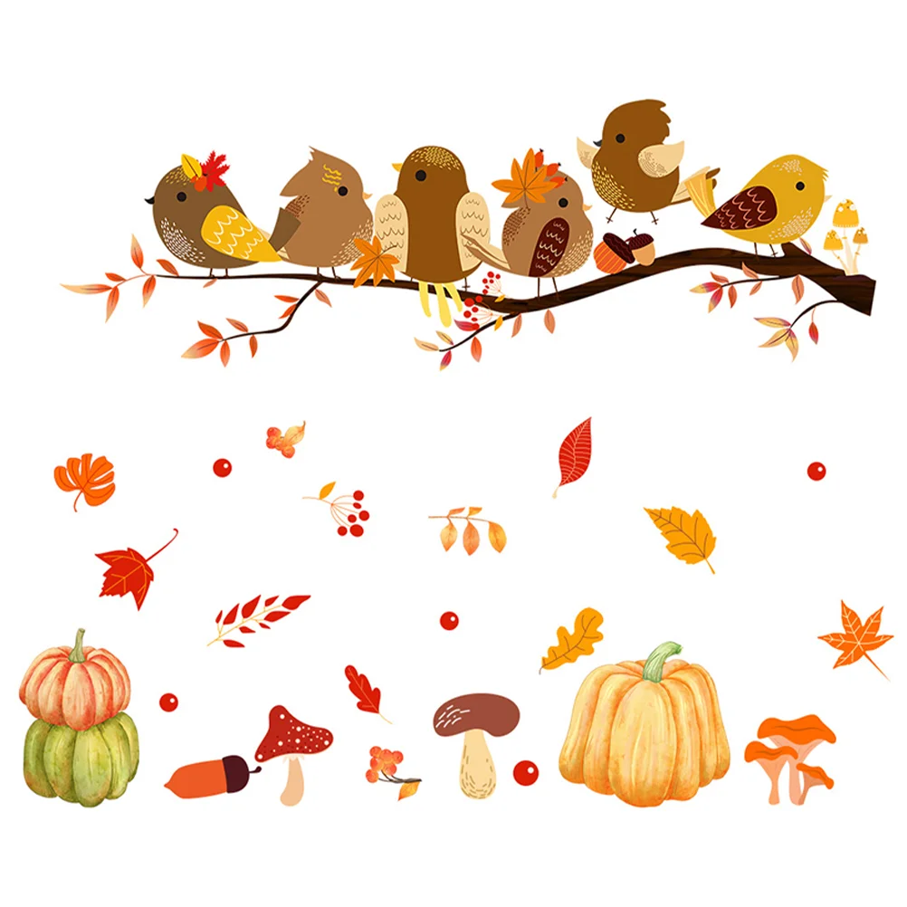 

Autumn Window Decal Thanksgiving Fall Leaves Cling Static Birds Branch Pumpkin Sticker Fall Window Cling