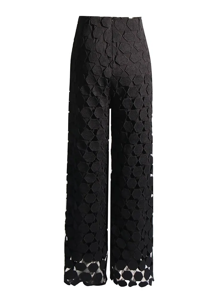 Minimalistische Solide Patchwork Stippen Lange Broek Voor Vrouwen Hoge Taille Gesplitste Rits Casual Wijde Pijpen Damesmode Stijl Nieuw