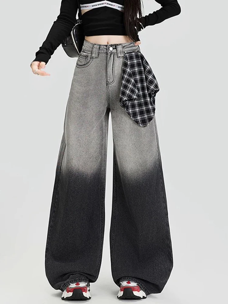 

Y2K женские джинсы с градиентом и высокой талией, широкие брюки, новые нишевые американские ретро черные утягивающие свободные прямые брюки