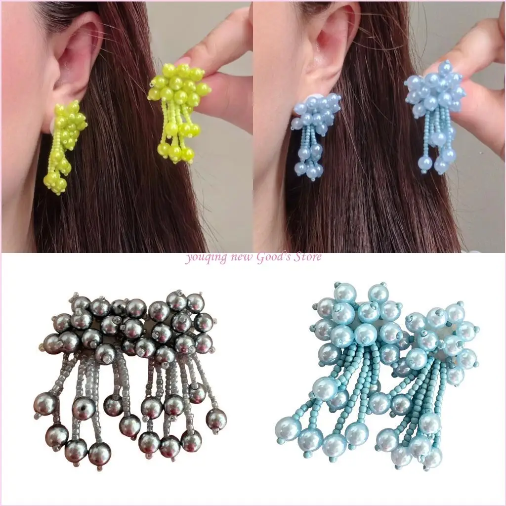 57QA Beaded Fringe Drop Earrings for Resort Wear and Beach Photos