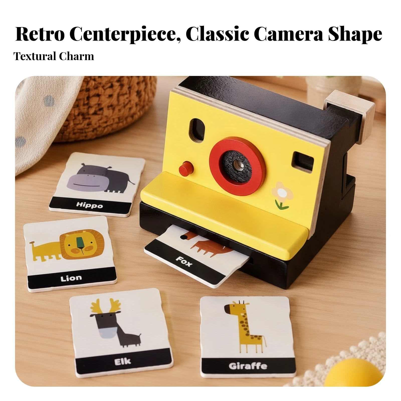Wooden Camera Toy with Picture Cards Educational Pretend Play Camera with Animal Cards Safe Small for Toddlers