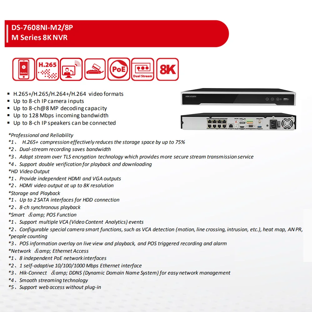 Hikvision Original NVR 8-ch 1U 8 PoE 8K NVR DS-7608NI-M2/8P 8-ch Camera inputs Network Video Recorder Support Third-party Camera