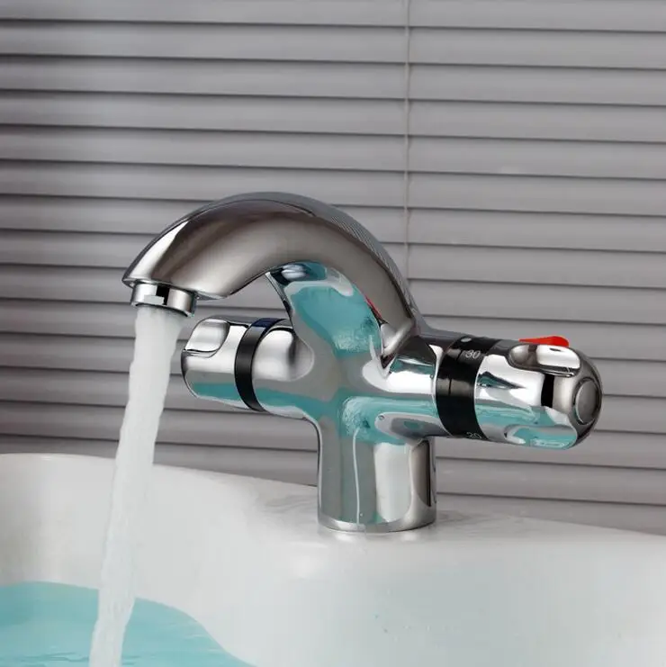 Brass thermostatic faucet Hot&Cold mixer water tap, Single hole thermostatic bathroom basin faucet Dual handle for kitchen sink