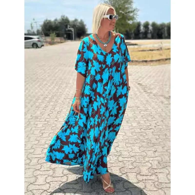 Abito casual stampato allentato Temperamento Pendolarismo Moda donna Scollo a V Manica corta Abito di grandi dimensioni Viaggio Spiaggia Vacanza Stile