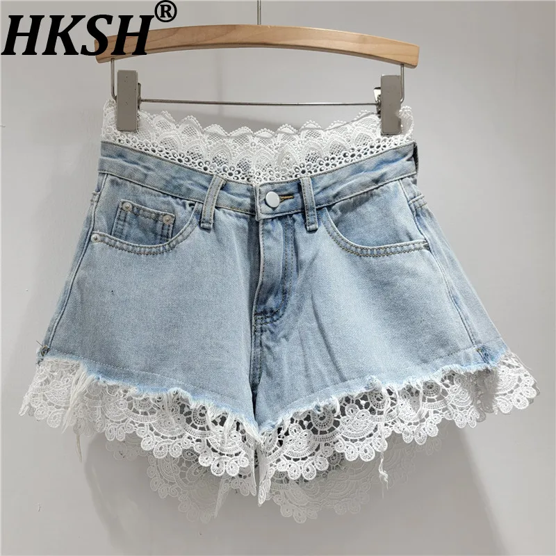 HKSH Women Trend Shorts Lace Patchwork Denim Color Block Distressed Vintage Versatile Wide Leg Hot Y2K Pants Summer 2026 HK21547