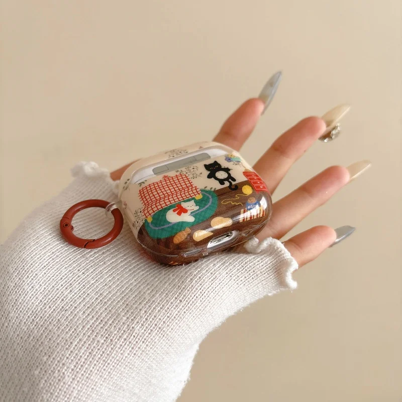 حافظة غطاء سماعة أذن بنمط قطة سوداء مع خطاف لسلسلة Airpods، 1، 2، 3، 4، Pro، Pro2، مضاد للسقوط