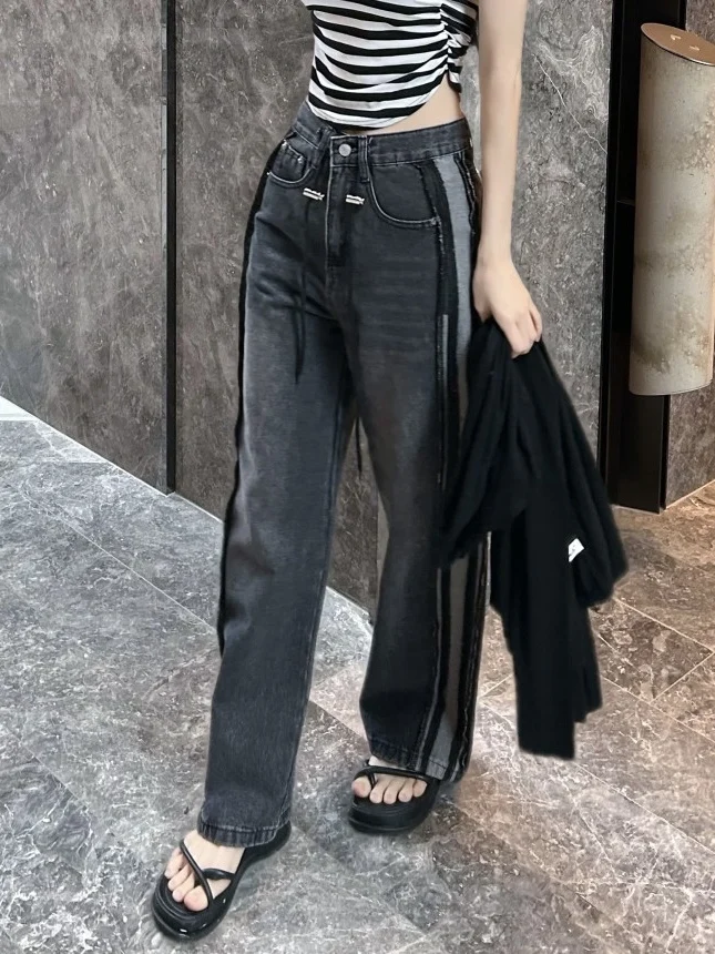 Frauen Retro Taille Patchwork Denim Jeans Seite Farbe Blo Dstring Taille Lose Gerade Bein Lange Hosen Straße Sle