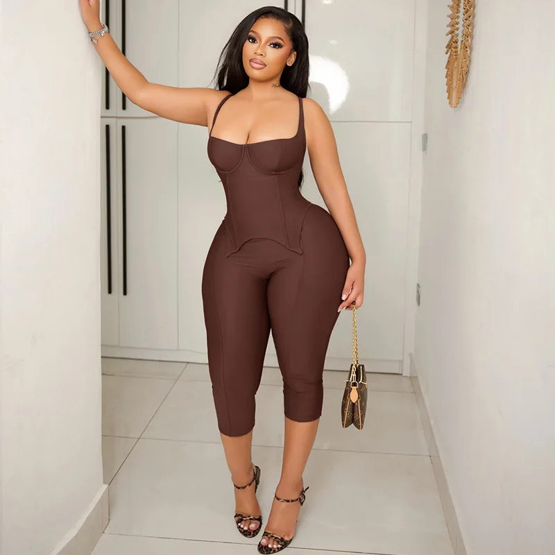 Stylish Lady 2 Piece Set 2026 Sleeveless Bustier Crop Top and High Waist Capri Pants Brown Sexy Club Matching Set for Women
