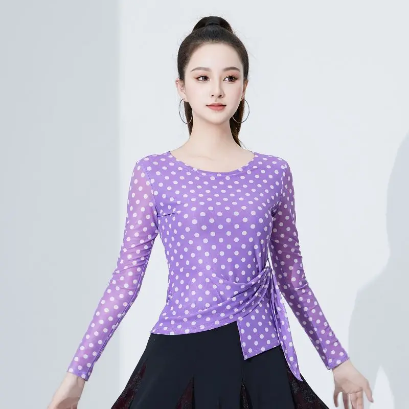 

Women 2025 New Dance Suit Top Party Dresses Modern Dance Polka Dot Practice Suit Tops Ballroom Dance Wear Evening Dresses Shirt