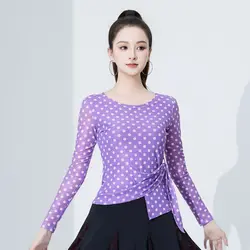 Women 2025 New Dance Suit Top Party Dresses Modern Dance Polka Dot Practice Suit Tops Ballroom Dance Wear Evening Dresses Shirt