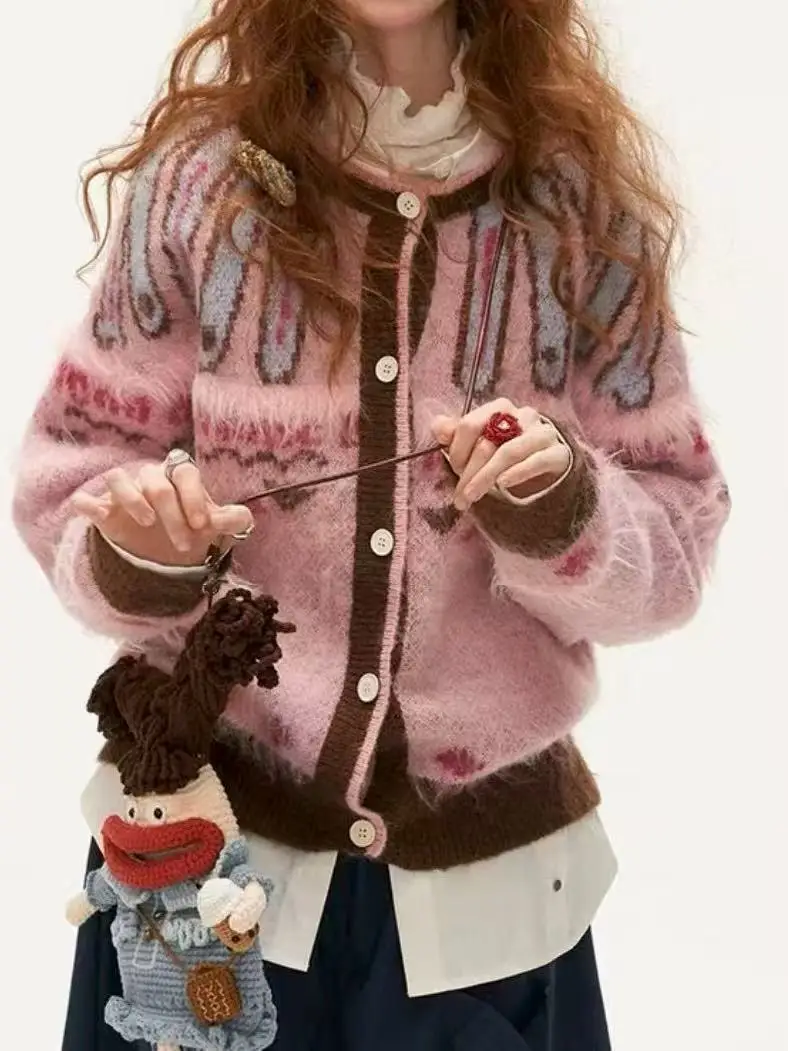 المرأة سترة مشغولة من الصوف البلوزات تقسم لاعبا اللون منعت س الرقبة طويلة الأكمام واحدة الصدر فضفاضة عادية الخريف الشتاء 2025 #6