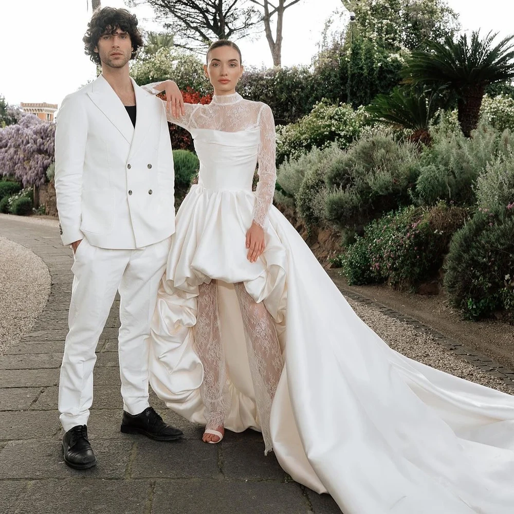 Customized Fancy High Low Wedding Dress with Lace Pants High Neck Long Sleeve Bridal Gown Ruffles Trim Vestido De Noival
