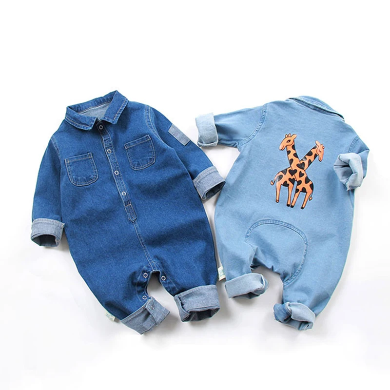 1 Pcs Baby Denim Clothes Long Sleeves Giraffe Print Jumpsuit