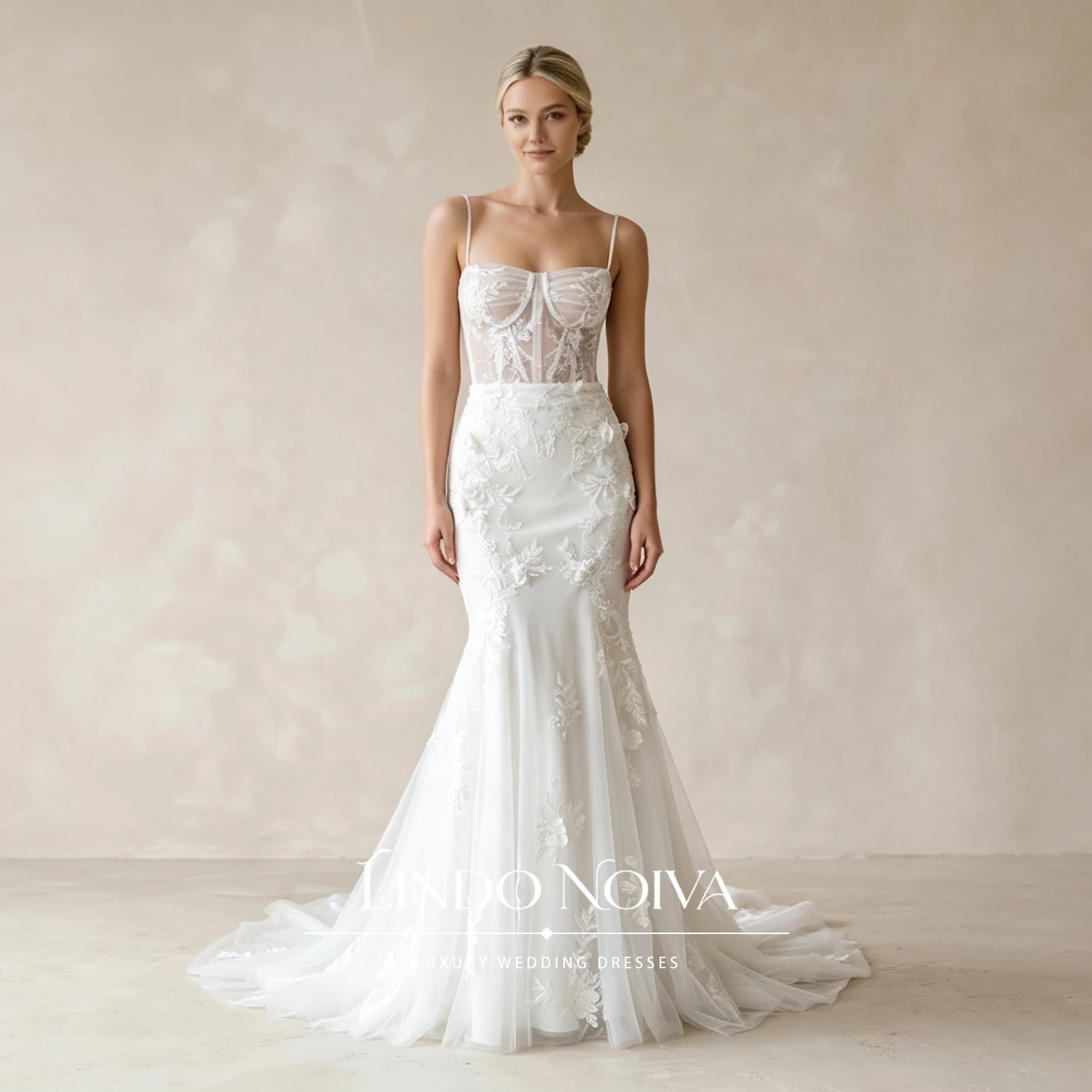 LINDO NOIVA Romantic Lace Mermaid Wedding Dress Spaghetti Straps Bridal Gown 3D Flower Appliques vestido de novia Customized