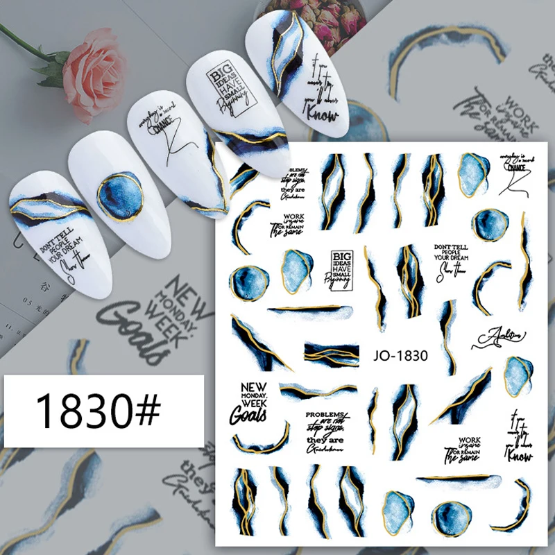 3D Marble Blue Golden Nail Sticker Wave Line Geometry Abstract Ink Blooming Nail Art Sliders Decals Manicure Decorations