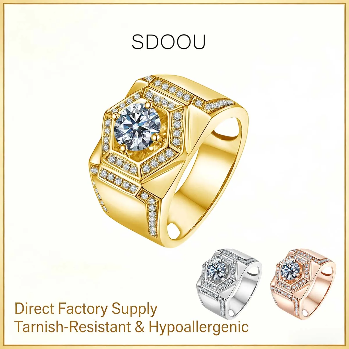 SDOOU Luxury 1CT Round Moissanite Diamond Men's Rings 925 Sterling Silver Hyperbole Hexagon Design For Men Valentine's Day Gifts