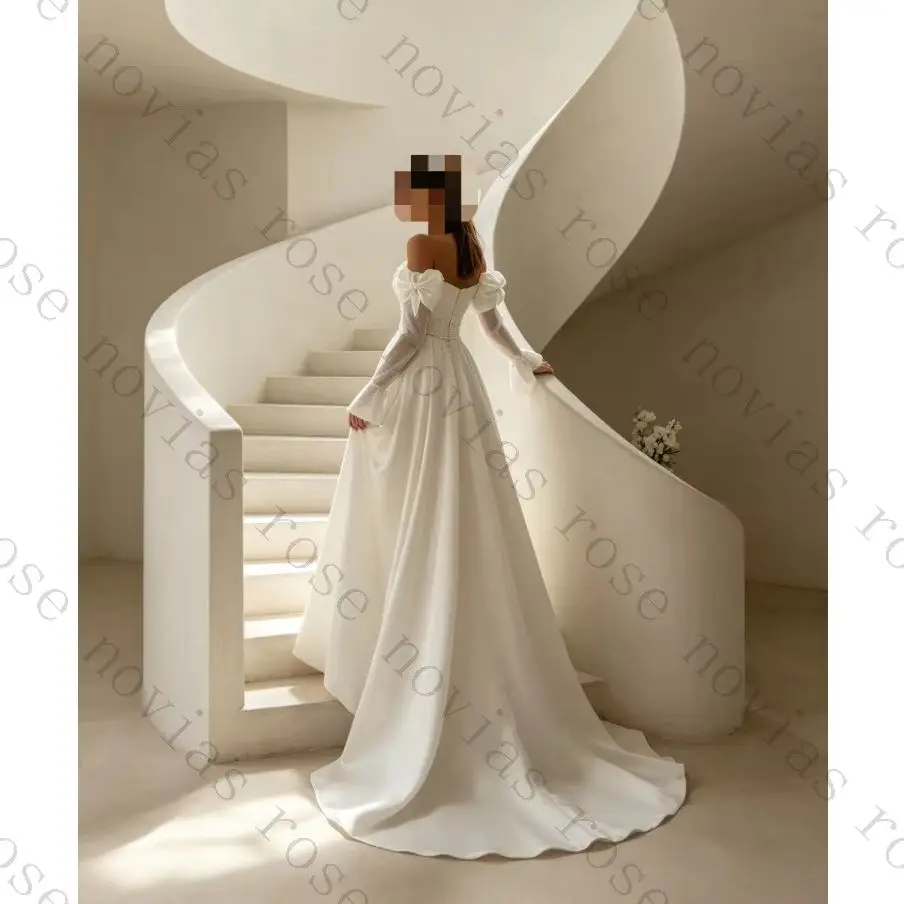 Customized Off Shoulder Satin Wedding Dress Butterfly Sleeves Exquisite Celebrity Luxurious Waist Cinched High Skirt Bridal Gown