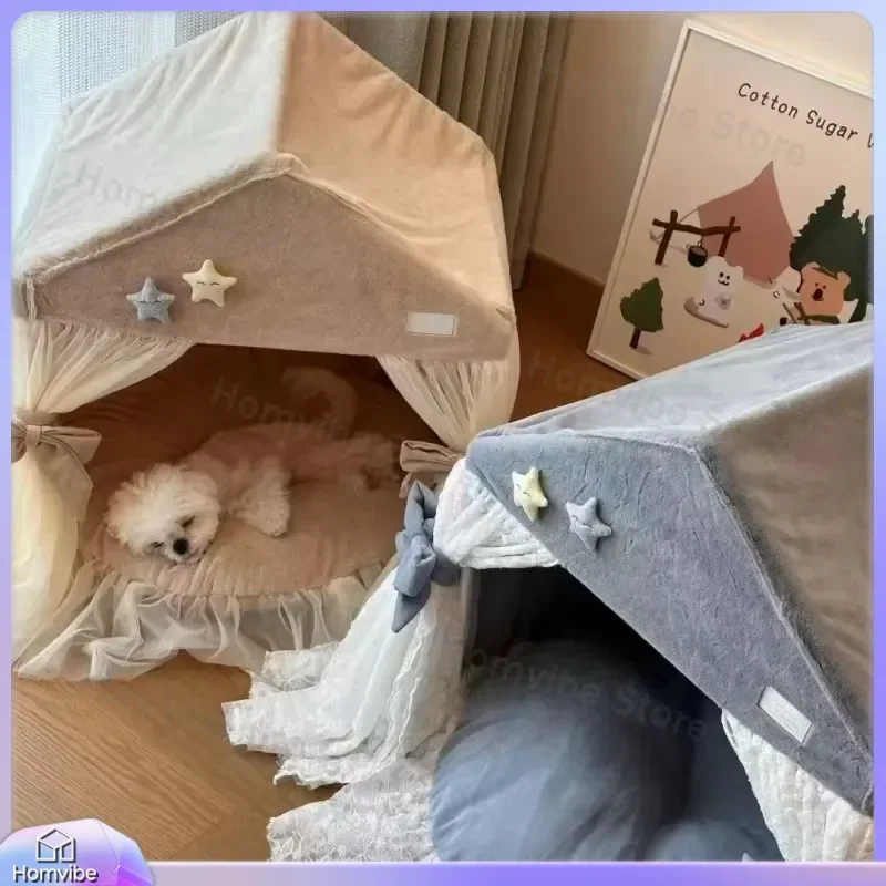 

Princess Style Pet House for Cats and Dogs with Lace Trim Modern Tent Bed Removable Washable All Season Small Animal Bed