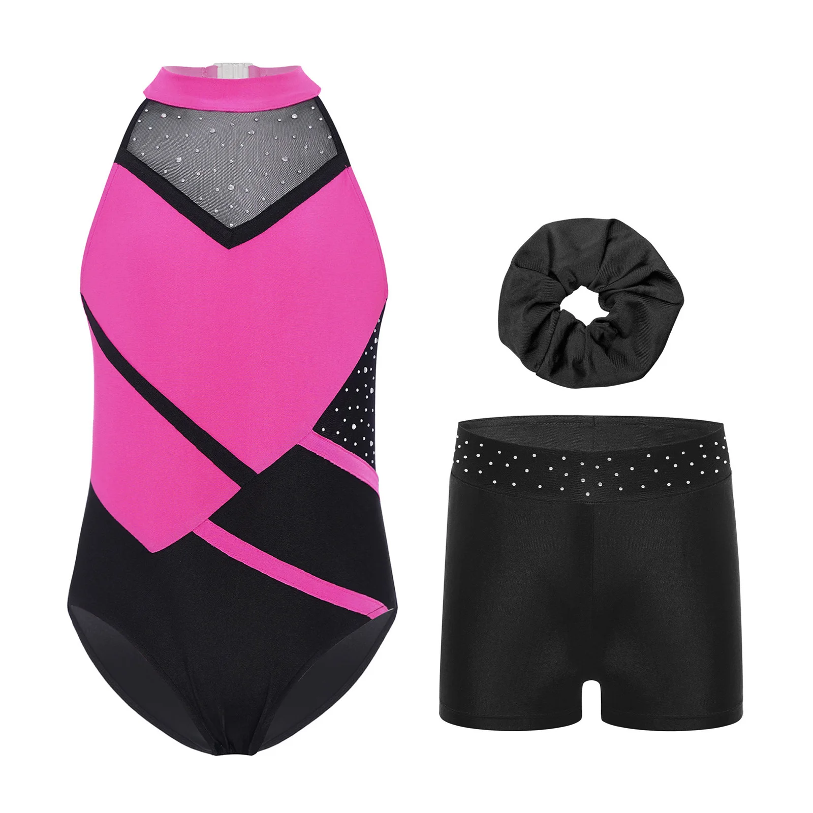 

Kids Girls Pilates Gymnastics Dance Performance Outfit Glitter Rhinestones Color Contrast Leotard with Shorts Headband Set