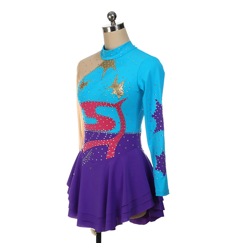 Figure Skating Training Competition Women's Children's Gymnastics Performance Dress Long Sleeve Gold Rhinestone