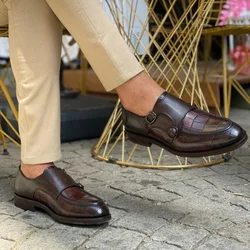 Black Men Formal Shoes Brown Loafers Slip-On Round Toe Business Double Buckle Monk Shoes for Men with