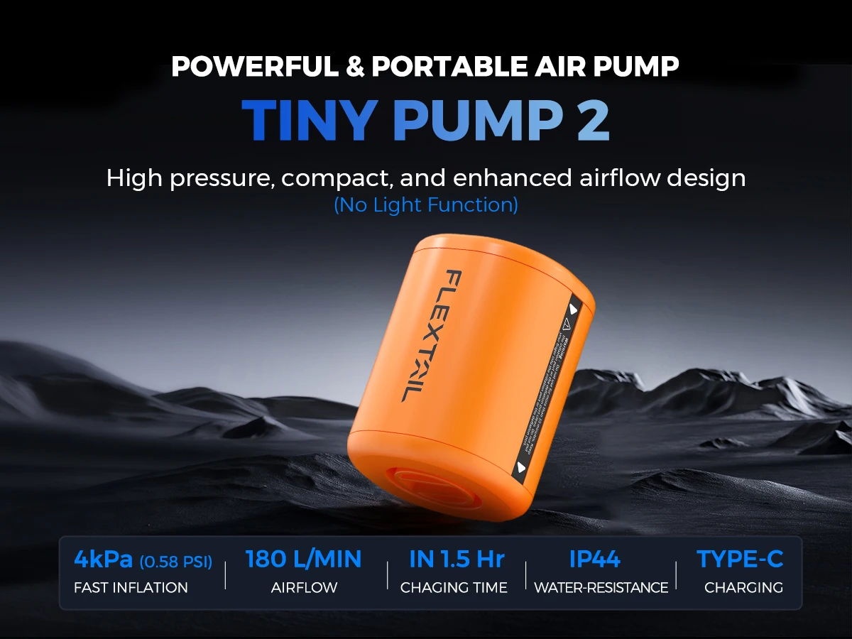 FLEXTAILGEAR TINY PUMP 2X Pompa Portatile Da Campeggio, 4 KPa (180 L/min), Con Luce LED E 5 Ugelli, Per Materassini E Sacchi Sottovuoto