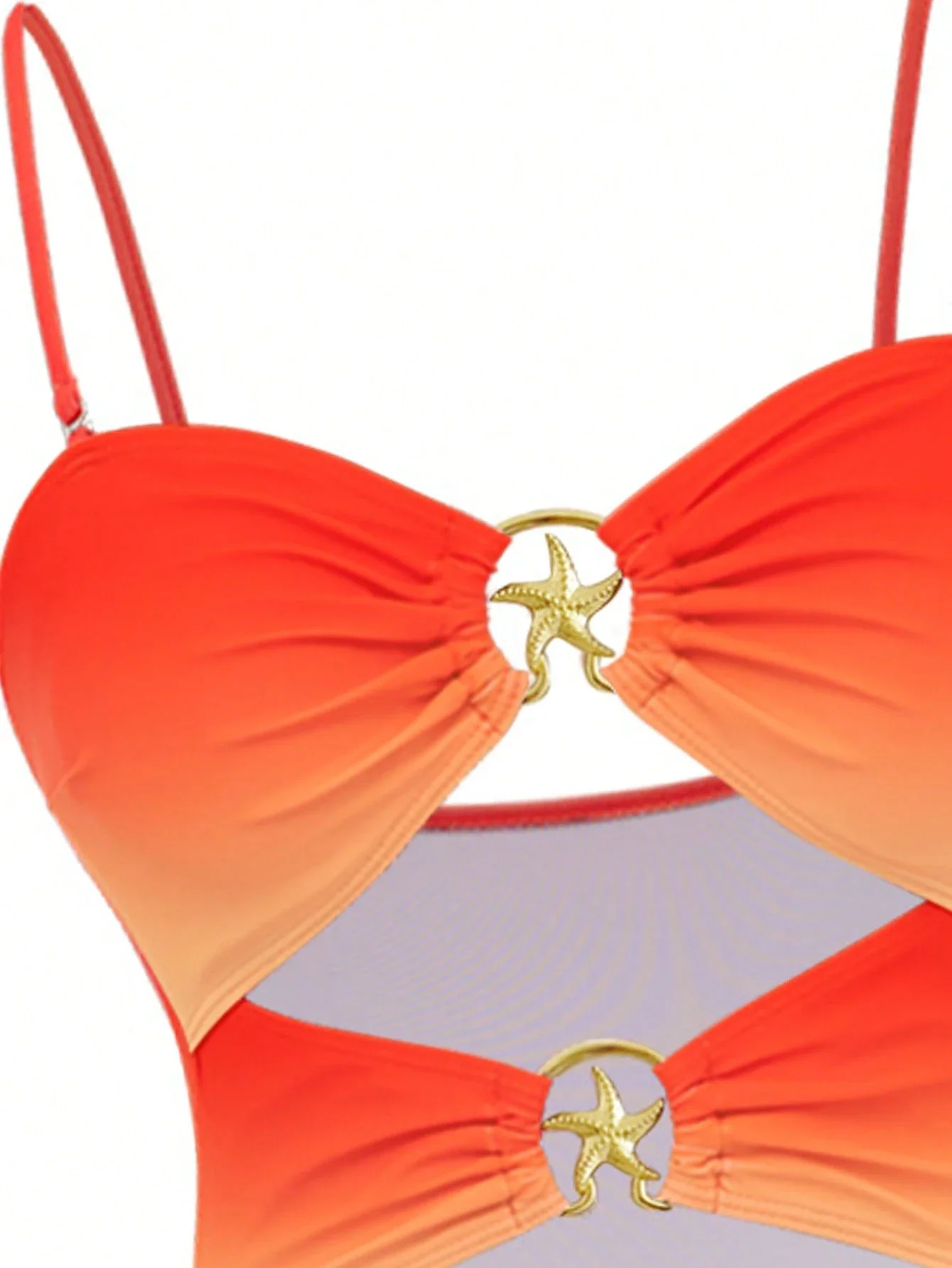 

One Piece Women's Hollow Starfish Detail Removable Strap Twist Design Sheer Cover-Up Swimsuit Set