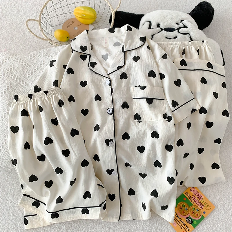 Summer Korean Casual 3 Piece Pajamas Set with Shorts Love Shape Women's Pajamas Set Student Young Girl Homewear Spring and Fall