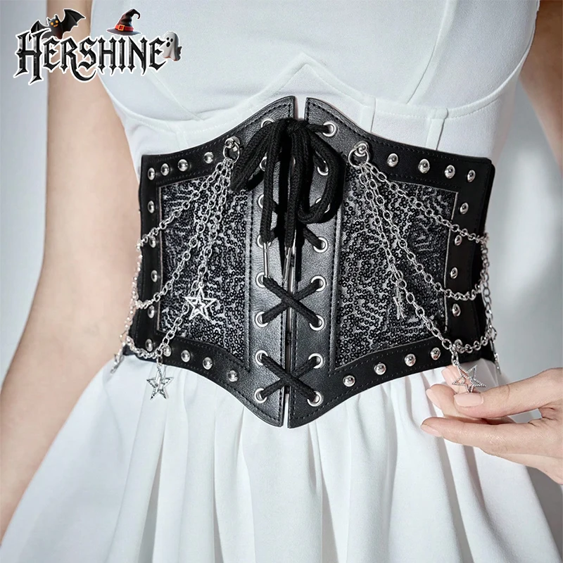 

HERSHINE женская модная эластичная цепочка с широкой талией и шипами в виде креста и звезды, Y2K, готический стиль Харадзюку в стиле рок-хип-хоп, весна, лето