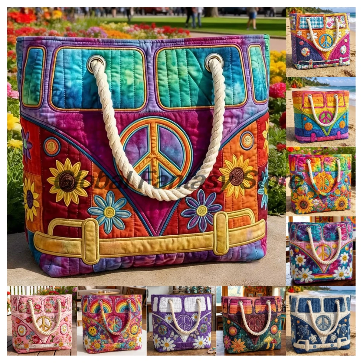 

Vintage Hippie Style Quilted Beach Bag Boho Peace Sign Floral Print Shoulder Bag Men Women Daily Handbag Shopping Tote