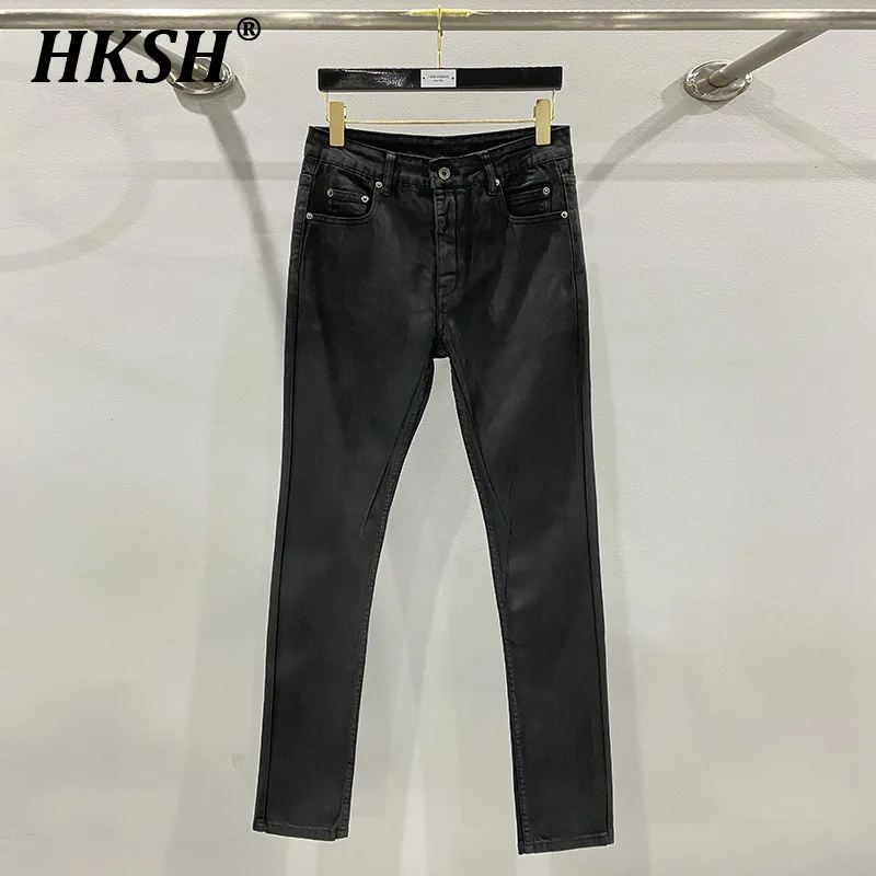 

HKSH Men's Tide Streetwear Dark Classic Versatile Autumn Winter New Wax Coated Craft Slimming Long Jeans Chic Denim Pants HK2220